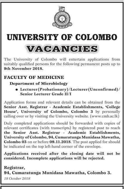 Lecturer, Senior Lecturer - University of Colombo